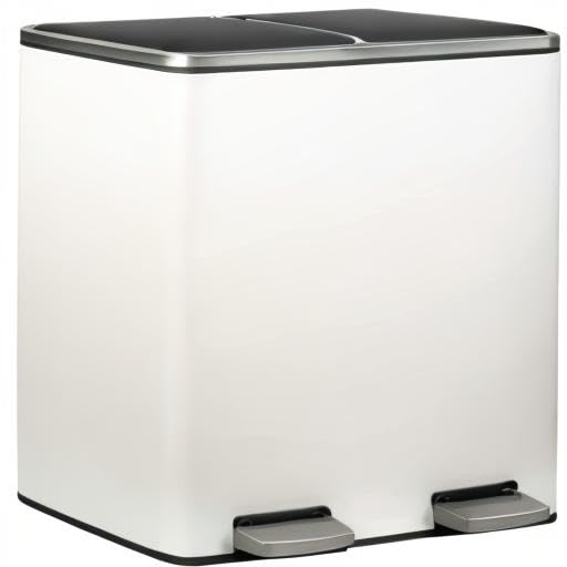 AthLike 60L(16 Gal) Dual Trash Can, Stainless Steel Kitchen Garbage Can, Double Compartment Classified Rubbish Bin, Recycle Dustbin w/Plastic Inner Buckets, Soft-Close Lid, Airtight, White