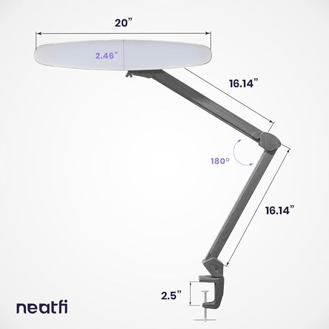 Neatfi XL 2,200 Lumens LED Task Lamp, 24W Super Bright Desk Lamp, 117 Pcs SMD LED, 4 Level Brightness, Dimmable, Task Light for Home, Office, Workbench (Non-CCT, Gray Wood)