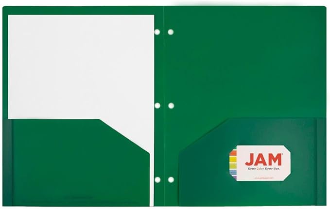 JAM PAPER Heavy Duty Plastic 3 Hole Punch Pocket Folders - Extra Tough School Folders - Green - Bulk 144/Box