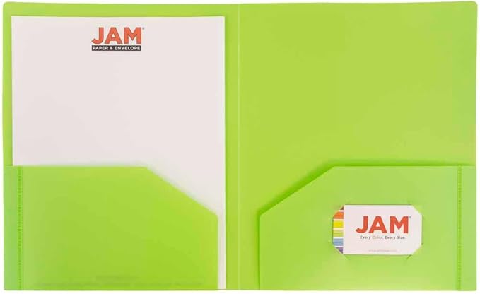 JAM PAPER Heavy Duty Plastic 2 Pocket Extra Tough School Folders - Lime Green - Bulk 48/Pack