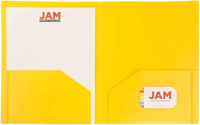 JAM PAPER Heavy Duty Plastic 2 Pocket Extra Tough School Folders - Yellow - Bulk 48/Pack