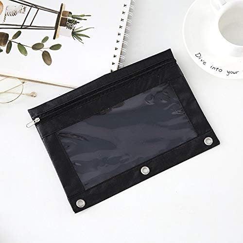 Zippered Binder Fabric Pencil Pouch 3 Rings with Clear Window for School Classroom Organizers 8 Pack (Black)