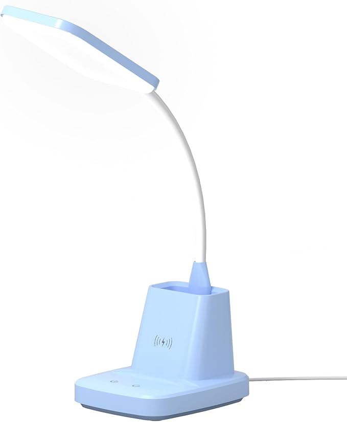 Sailstar Small Desk Lamp, Blue Desk Lamp with Pen Holder, Wireless Charger LED Desk Lamps for Home Office, 800LM Flexible Arm 3 Modes Dimmable Touch Cute Desk Lamps, Study Lamps for College Dorm Room