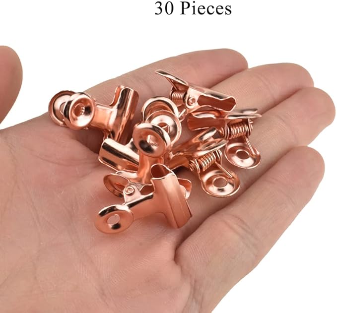 HAHIYO 0.87inch Rose Gold Bulldog Clips Metal File Hinge Binder Clips Clamps Save Space Strong Spring Jaws Rock Solid Grip Book Lay Flat Deburred Edge for Hang Photos Wall Grid Dog Food 30PCS