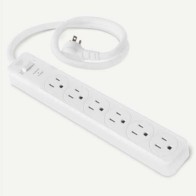 Amazon Basics Rectangle 6-Outlet, 600 Joule Surge Protector Power Strip, 2ft, Small, White, 2-Pack