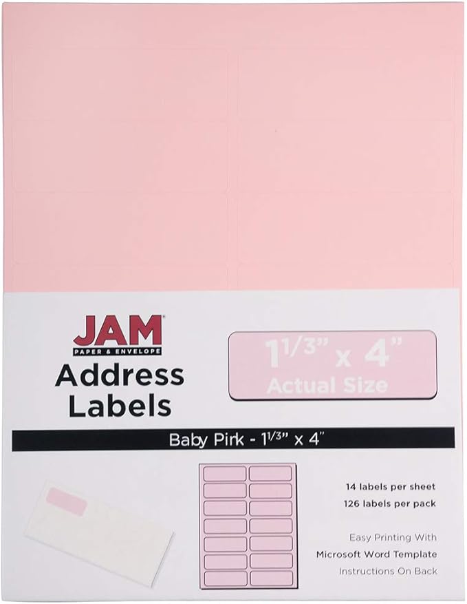 JAM PAPER Shipping Address Labels - Rectangular - 1 1/3 x 4 - Baby Pink Pastel - 126/Pack