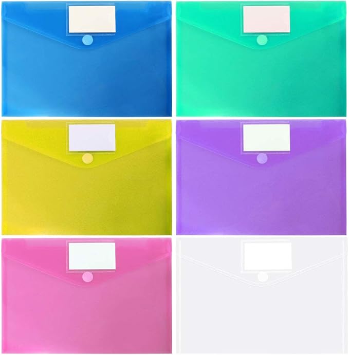 6 Pack Plastic Poly Filing Envelopes, Clear Document Folders US Letter A4 Size File Envelopes with Label Pocket & Paste Button for School Home Work Office Organization, 6 Assorted Color