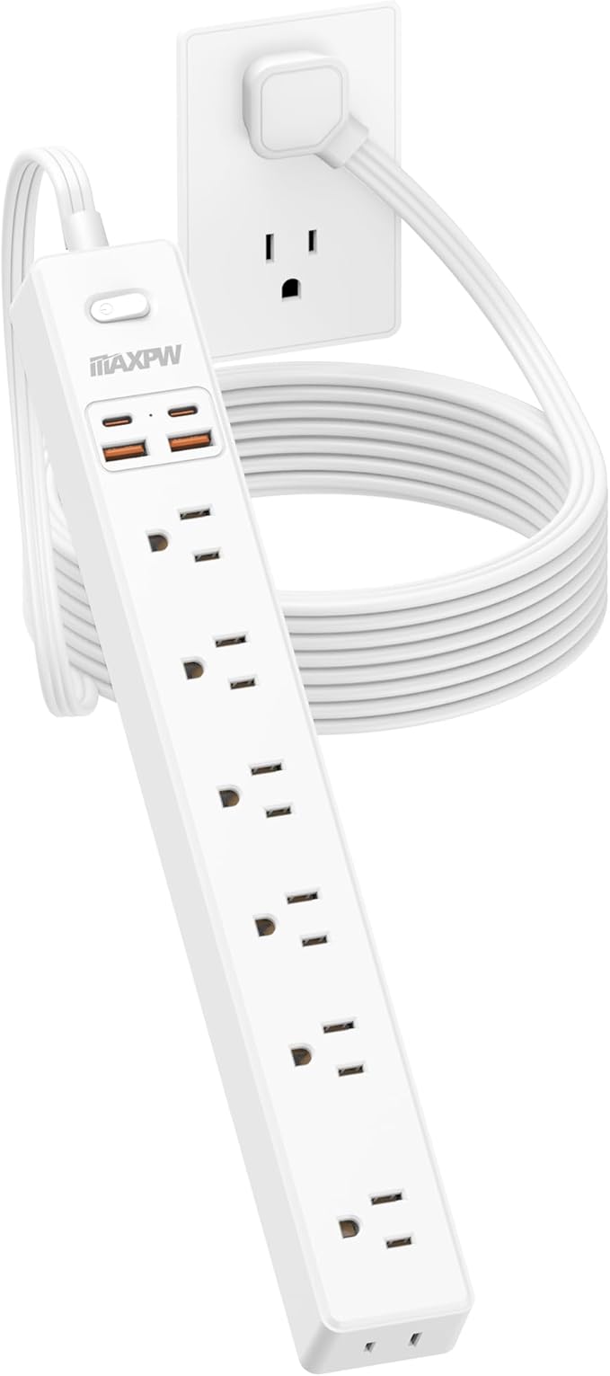 15 Ft Power Strip Surge Protector - 7 Outlets 4 USB Ports (2 USB C), Ultra Thin Flat Extension Cord & Flat Plug, 1700 Joules, Wall Mount, Desk Charging Station for Home Office Dorm, White