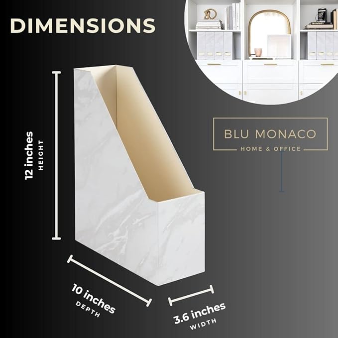 BLU MONACO Set of 4 Magazine Holders, White Marble Design with Gold Label Holders, File Holder for Desk, Magazine Storage for Home Office and Classroom