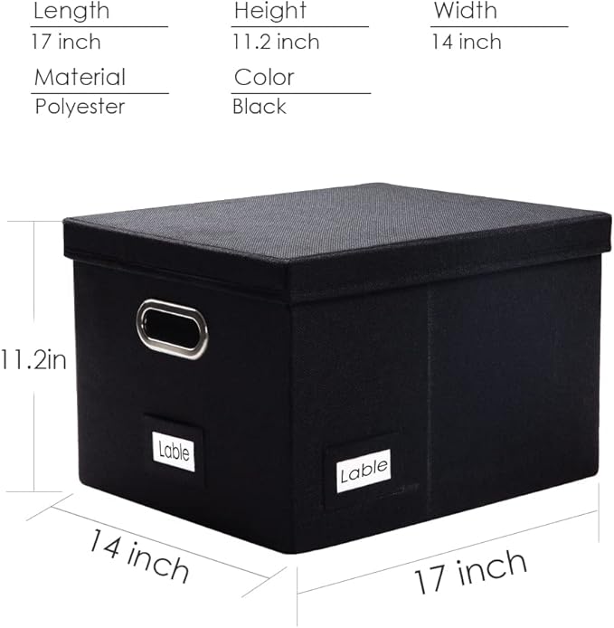 PRANDOM File Organizer Box - Set of 1 Collapsible Decorative Linen Filing Storage Hanging File Folders with Lids Office Cabinet Letter/Legal Size Black (17x14x11.2 inch)