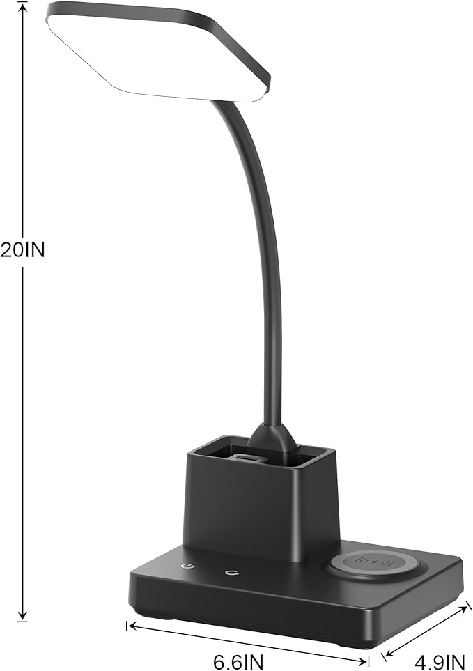 Sailstar Desk Lamp, Table Lamp with Wireless Charger & USB Port, 800LM CRI95 3 Color Modes Dimmable Touch Flexible Arm Pen Holder, LED Desk Lamps for Home Office, College Dorm Room, Adapter Included