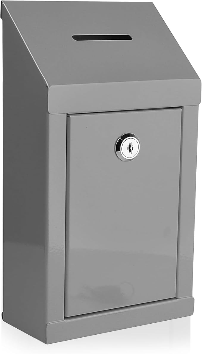 Metal Donation Box-Suggestion Box with Slot and lock-Cash Lock box for Money-Secure Drop Box-Comment and ballot voting box-comes with pre-drilled holes for easy wall mounting 10 X 6 X 2.5"(Grey)