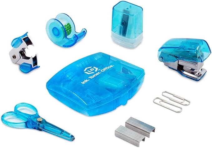 LD Products Blue Mini Office Supply Kit Portable Case with Scissors, Paper Clips, Tape Dispenser Set, Pencil Sharpener, Mini Stapler with Staples and Staple Remover