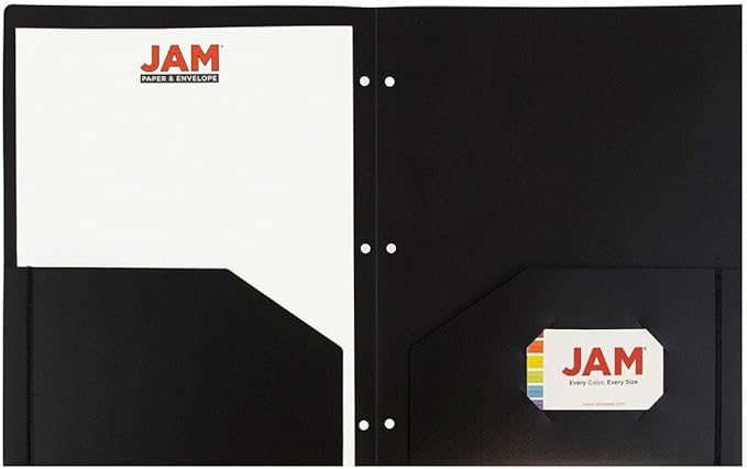 JAM PAPER Heavy Duty Plastic 3 Hole Punch Pocket Folders - Extra Tough School Folders - Black - Bulk 48/Pack