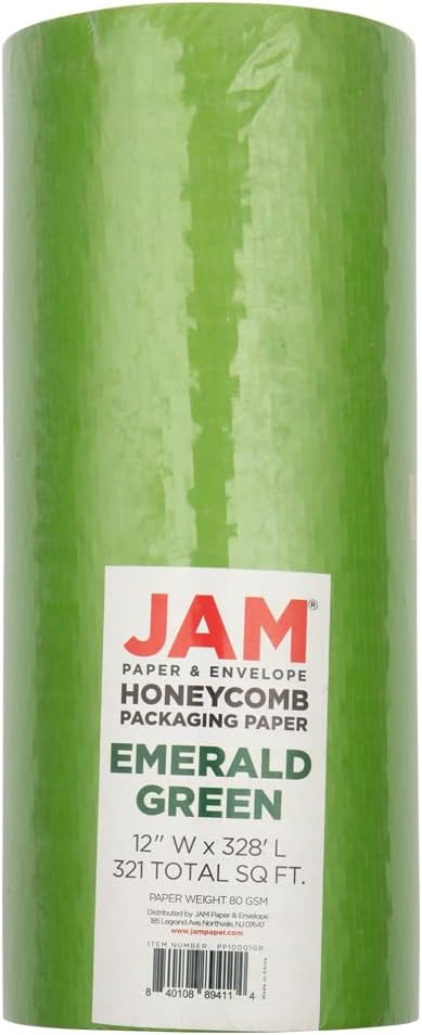 JAM PAPER Honeycomb Packing Paper Roll - 12" x 328' - Emerald Green - 328 Sq Ft - 80 GSM - Roll Sold Individually