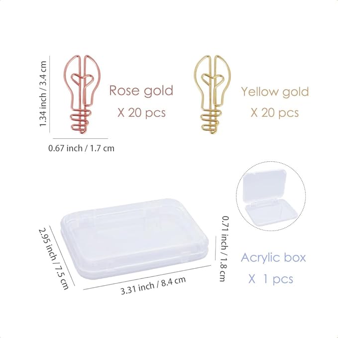OWLFAVO 40pcs Bulb Shape Paper Clips with Clear Box, Rose Gold and Yellow Gold, Funny Cute Paperclips Bookmarks Planner Clips for Fun Office Supplies School Gifts Wedding Decoration
