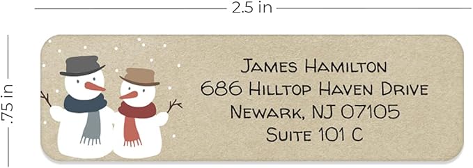 Kraft Snowmen Rolled Address Label/Roll of 500 Rustic Holiday Personalized Address Labels/Designer Return Address Stickers in Elegant Plastic Dispenser