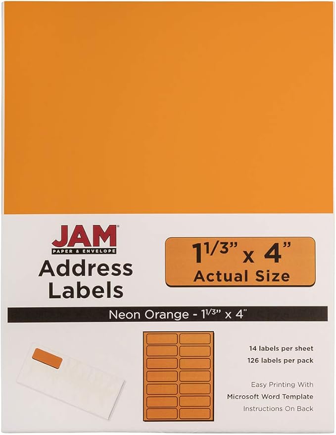 JAM PAPER Shipping Address Labels - Rectangular - 1 1/3 x 4 - Neon Orange - 126/pack