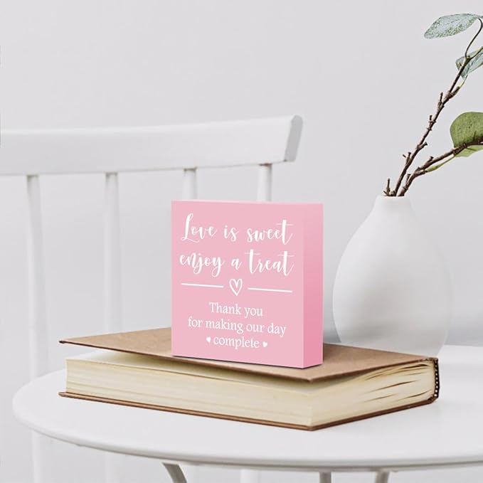 Love is Sweet Enjoy a Treat Wooden Box Sign Decorative Wedding Party Dessert Table Wood Box Sign Home Decor Rustic Square Desk Decor Sign for Shelf Pink