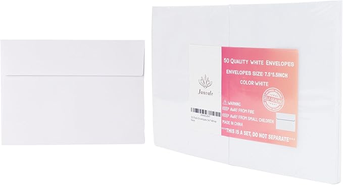 5x7 Envelopes 50 Pack, A7 White Envelopes for Invitations, 5 1/4” x 7 1/4” Large for Weddings, Invitations, Greeting Cards, Postcards, Photos, Mailing, Quick Self Seal.