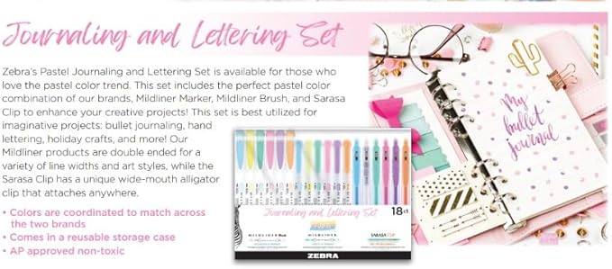 Zebra Pen Journaling and Lettering Set, 18-Pack Pastel Colors, Includes 6 Mildliner Highlighters, 6 Brush Pens, and 6 Sarasa Clip Gel Pens, Ideal for Creative Planning and Hand Lettering (76018)