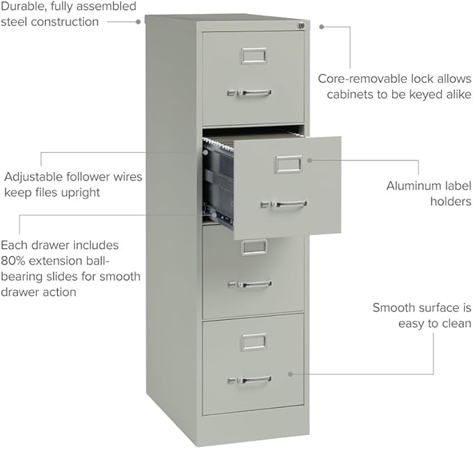 Scranton & Co 25" 4-Drawer Metal Letter Width Vertical Filing Cabinet in Gray, Lockable, Sturdy Steel Construction, Office or Home Use, Durable Letter Size File Storage