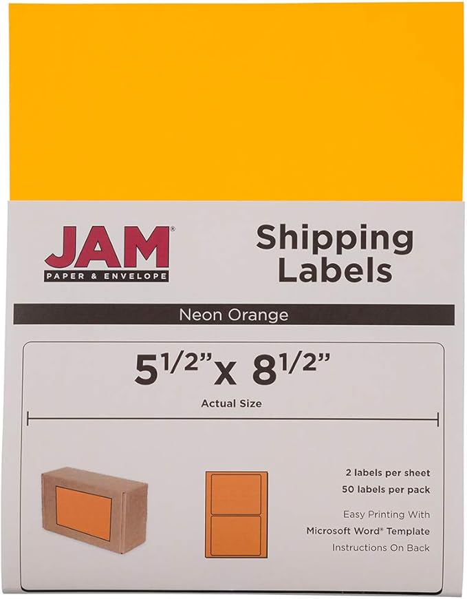 JAM PAPER Shipping Labels - Half Page - 5 1/2 x 8 1/2 - Neon Orange - 50/Pack