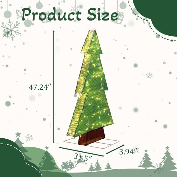 CZBZ 4FT Christmas Lighted Tree Decorations with 110 LED Warm White Lights, Pre-Lit Green Tinsel Christmas Tree for Outdoor Yard Lawn Garden Home Indoor Holiday Front Porch Décor