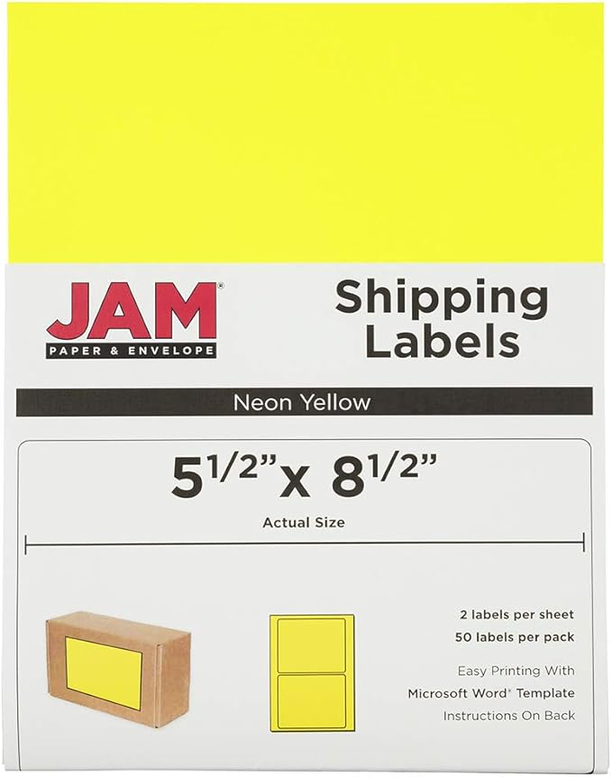 JAM PAPER Shipping Labels - Half Page - 5 1/2 x 8 1/2 - Neon Yellow - 50/Pack