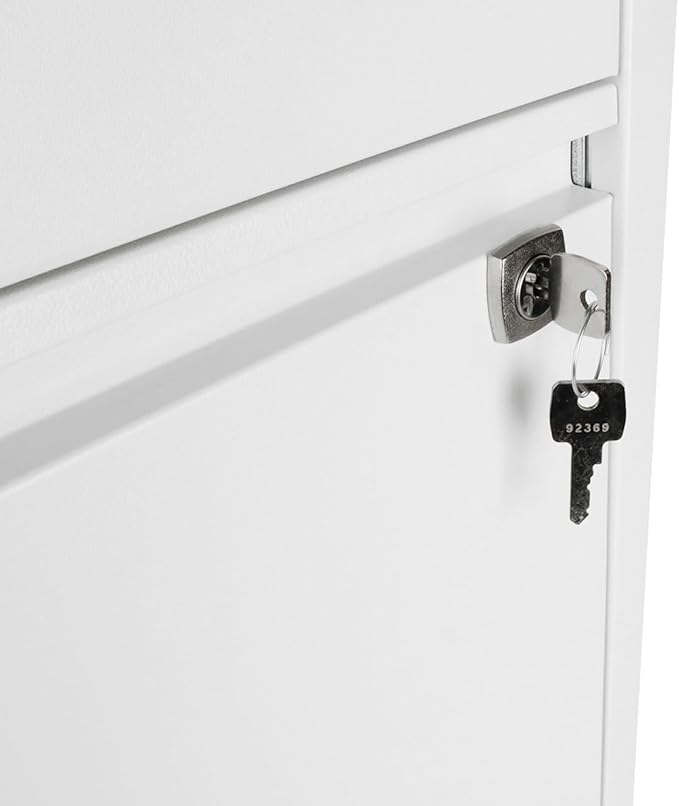 Bisley 3-Drawer Flush Front Vertical File Cabinet - Traffic White, 2 Utility Drawers + 1 Hanging File Drawer, Powder-Coated Steel, Locking Bottom Drawer