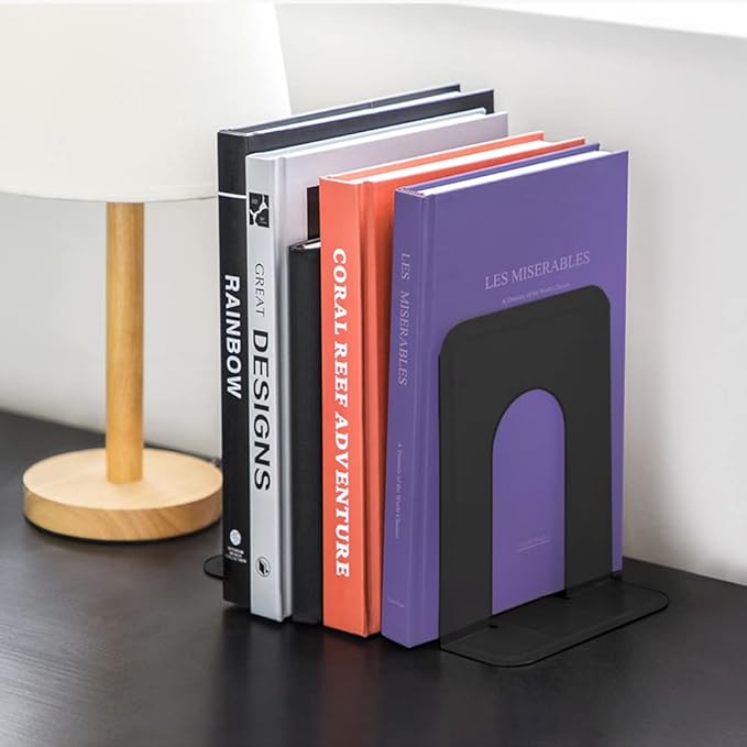 MaxGear Book Ends Universal Premium Bookends for Shelves, Non-Skid Bookend, Heavy Duty Metal Book Stopper for Books/Movies/CDs/Video Games, 6 x 4.6 x 6 in, Black, 3 Pairs/6 Pieces, Large