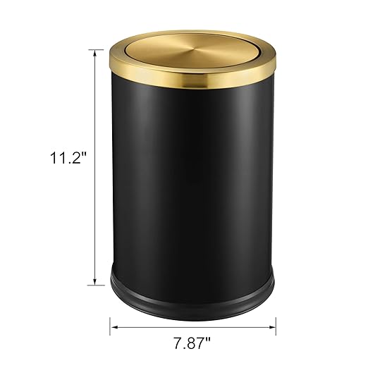 Stainless Steel Gold Trash can with Flipping Lid 2.4gallon Fingerprint-Proof Garbage cans Wastebasket Bin for Kitchen bothroom Living Room (Black with Gold lid, 2.6 Gallon)