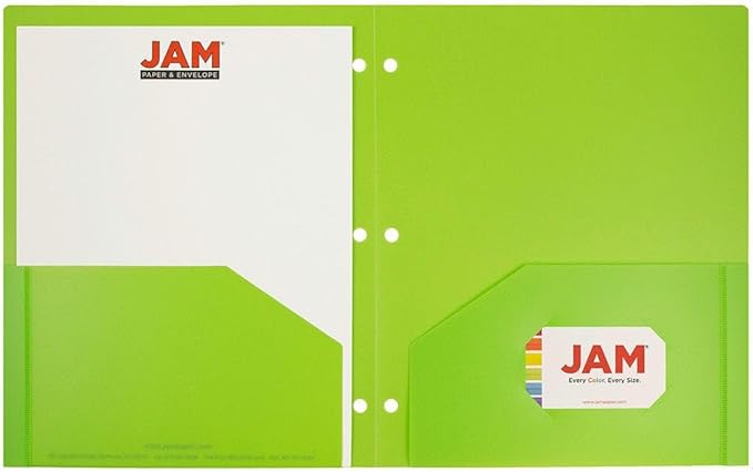 JAM PAPER Heavy Duty Plastic 3 Hole Punch Pocket Folders - Extra Tough School Folders - Lime Green - Bulk 144/Box