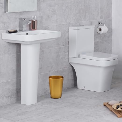 Mini Waste Basket - Durable Small Plastic Garbage Trash Can Bin - Lidless Open-Top Rectangular Slim Profile for Compact Spaces - Suitable for Home, Bathroom, Office, Bedroom & More, Soft Brass