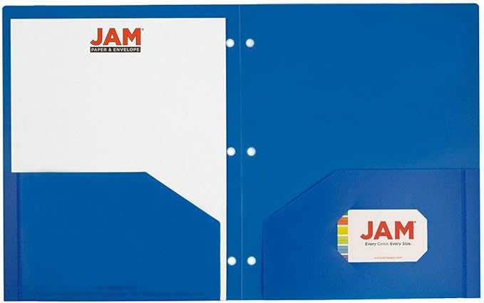 JAM PAPER Heavy Duty Plastic 3 Hole Punch Pocket Folders - Extra Tough School Folders - Blue - Bulk 48/Pack