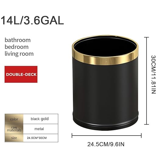 14L/3.7GAL Black and Gold Open Top Trash Can - Metal Office Wastebasket Without Lid for Office, Hotel, Store, Restaurant