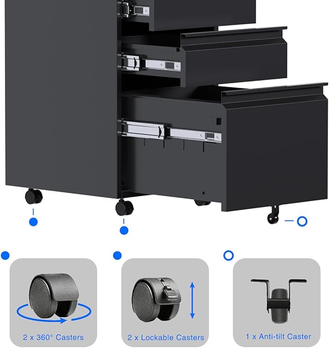 3 Drawer Steel Mobile File Cabinet with Lock for Legal/Letter/A4 Folders, 23.6''H Rolling File Cabinet for Home, Office, Fully Assembled Except Wheels, Black