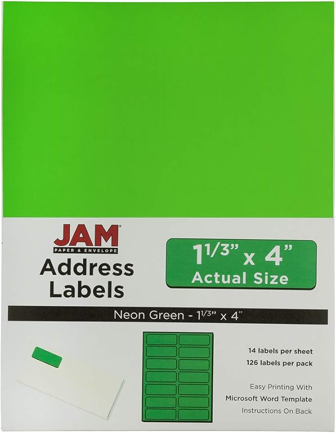 JAM Paper Shipping Address Labels, Rectangular, 1 1/3 x 4, Neon Green, 126/Pack (359329613)