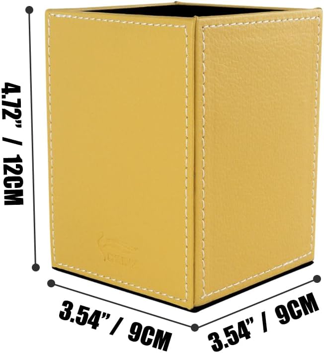 Pen Pencil Holder Cup Container PU Leather Desk Organizer Stand Decor Brush Scissor Holder Decoration Office Desk Home School (Yellow, 3.54" x 3.54" x 4.72")