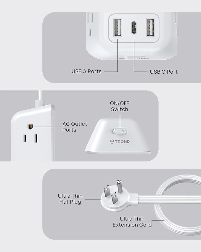 TROND Flat Extension Cord 10ft, Ultra Thin Flat Plug Power Strip, 5 Widely-Spaced AC Outlets and 3 USB Ports, 1440J Surge Protector, 3-Sided Wall Mount for Home Office Dorm Room, White