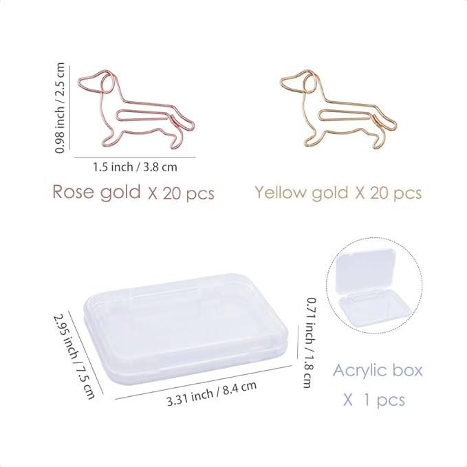 OWLFAVO 40pcs Puppy Dachshund Shape Paper Clips with Clear Box, Rose Gold and Yellow Gold, Funny Cute Paperclips Bookmarks Planner Clips for Fun Office Supplies School Gifts Wedding Decoration