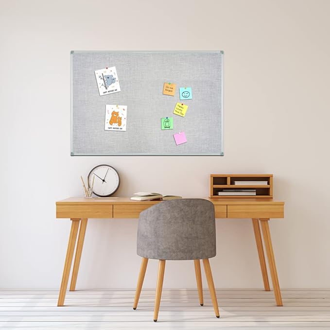 Lockways 36" x 24" Premium Cork Bulletin Board, Light Grey Framed Linen Fabric Pinboard with Silver Aluminum Frame for Home, Office & Kitchen Organization