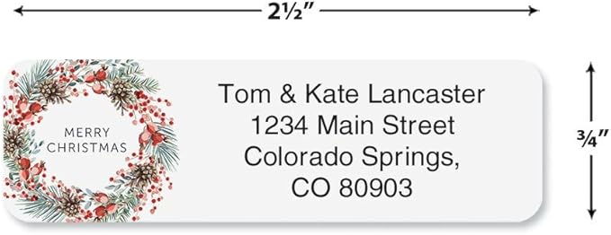 Christmas Berry Wreath Standard Rolled Address Labels - Set of 125 2 1/2" x 3/4" Rolled Labels