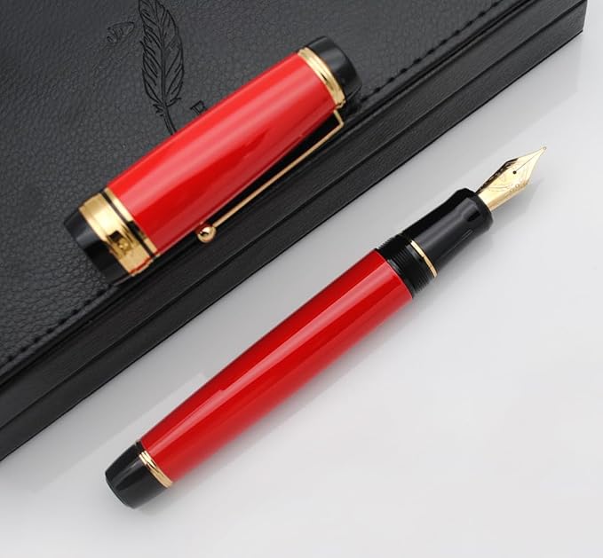 Metal Big Fountain Pen Set Medium Nib 0.7mm, Includes Ink Refill Converter, 5 Ink Cartridges & Gift Box (Medium Nib 0.7mm, Red)