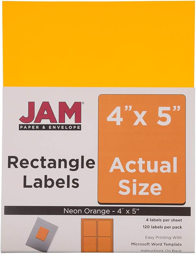JAM Paper Mailing Address Labels - Extra Large - 4" x 5" - Neon Fluorescent Orange - 120/pack