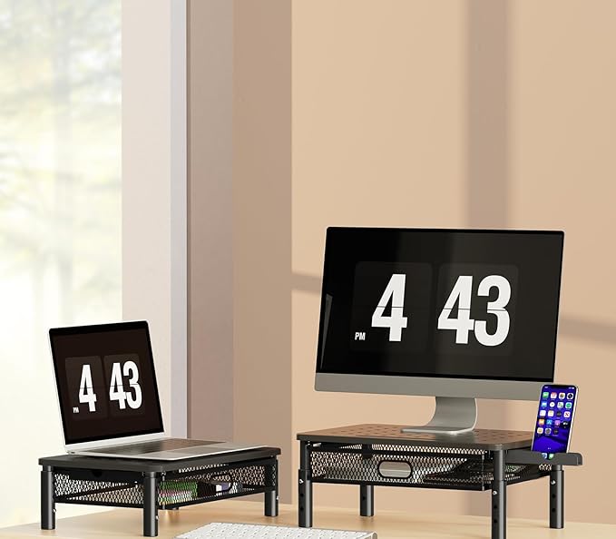 Zimilar 2 Pack Monitor Stand Riser with Metal Drawer, 3 Height Adjustable Monitor Riser with Phone Holder for Printer, Laptop, Premium Metal Computer Monitor Stand with Storage for 2 Monitors