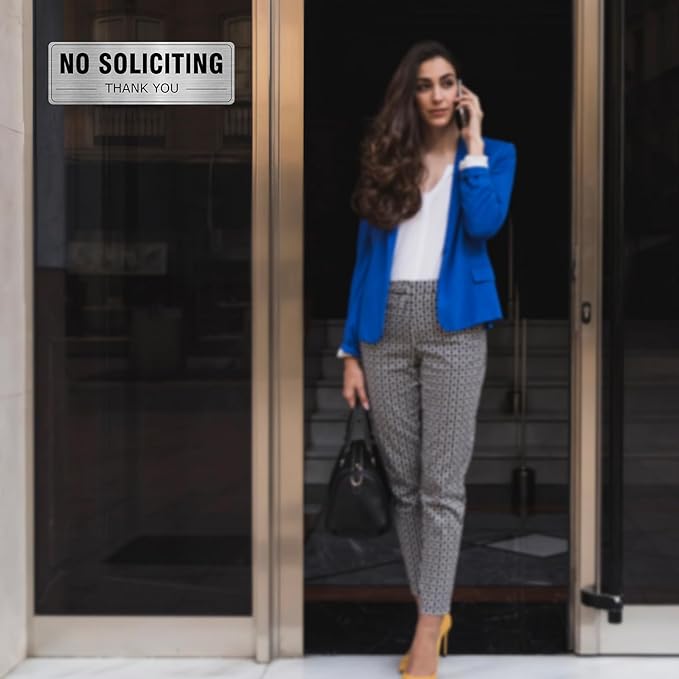 No Soliciting Sign Aluminum Silver 9 x 3 Inches Self-Adhesive Waterproof Metal Door Wall Sign for Business Houses 4 Pack