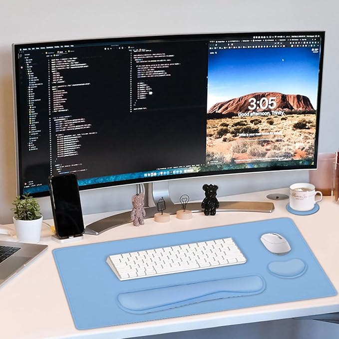 Large Keyboard Mouse Pad Set, Extended Mouse Pad+Keyboard Wrist Rest Support, Memory Foam Ergonomic Easy Typing, 4Pcs (35.4×15.14 in) Desk Pad Set for Home Office Study Game - Blue