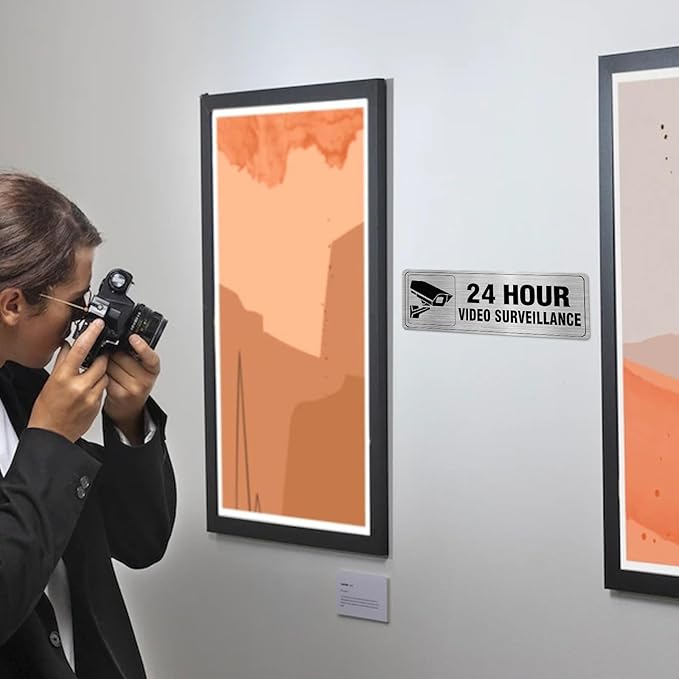 24 Hour Video Surveillance Sign Aluminum Silver 9 x 3 Inches Self-Adhesive Waterproof Metal Door Wall Sign for Business Restaurants 4 Pack