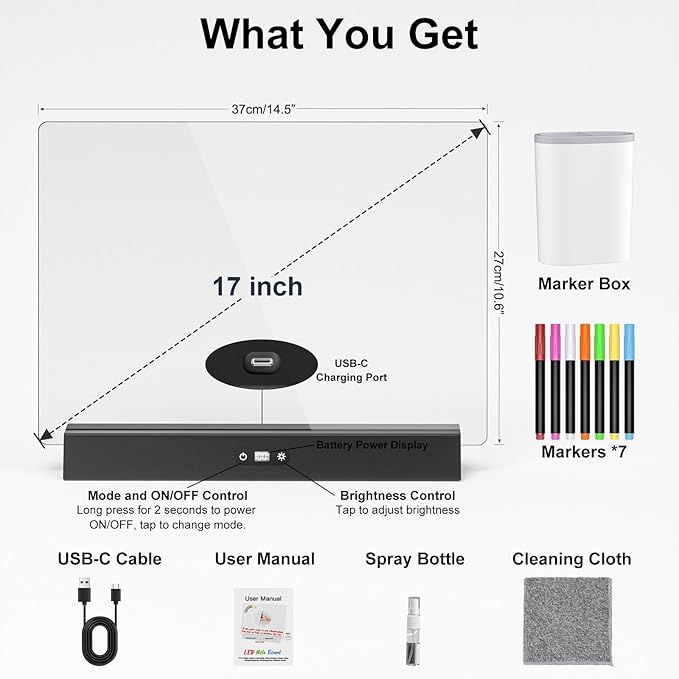 LED Note Board with Colors, Rechargeable 17-Inch Doodle Glow 9-Mode Light Up Desk Sign Letter Message Memo Drawing Dry Erase Board for Classroom/Home Decor/Office/Gifts, 5 Markers & Tracing Book